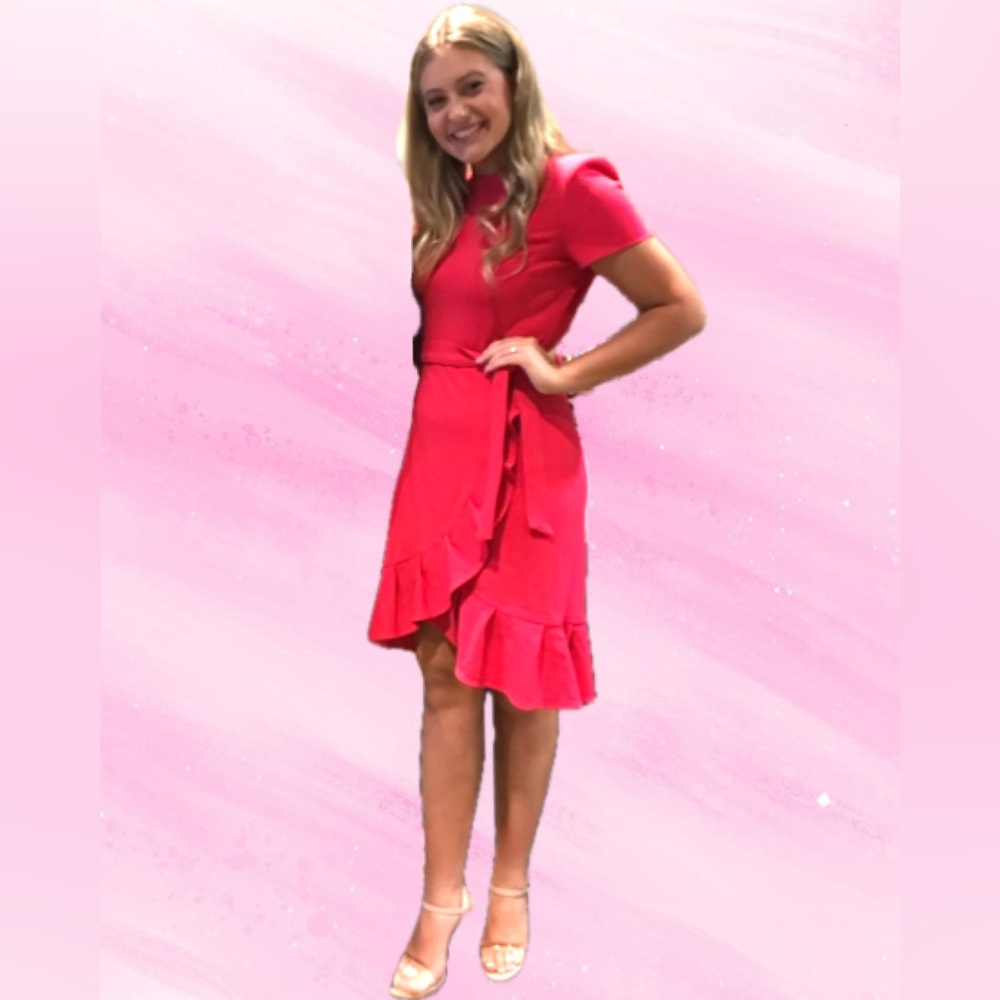 Calvin Klein vibrant pink. Short-Sleeve Midi Wrap Dress Waist Tie/ruffled skirt.
